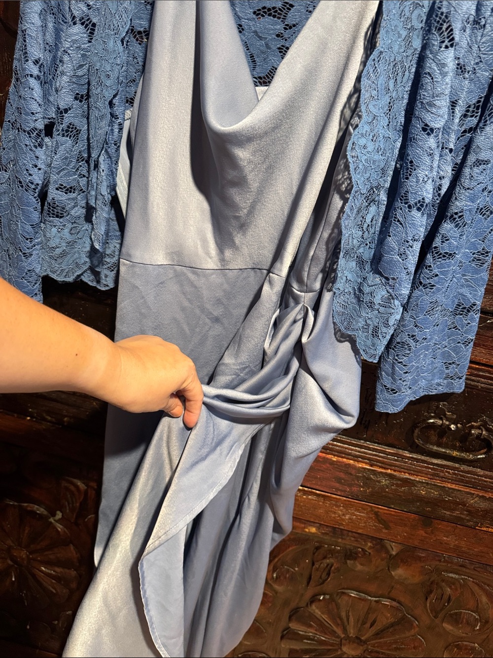 Light Blue Draped Wedding Dress with Lace Jacket - Picture 6 of 6